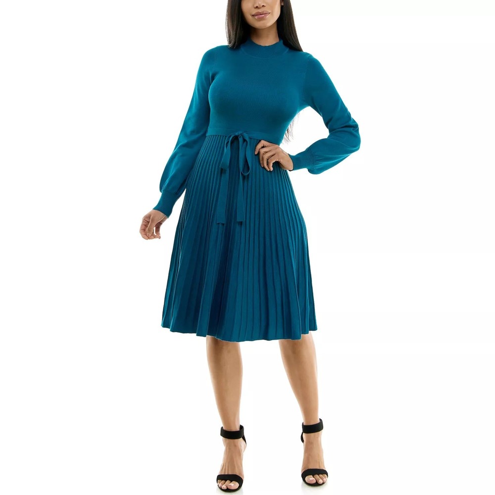 Ninal Leonard Teal Knit Mock Neck Sweater Dress Ribbed Midi Long Sleeve Size L